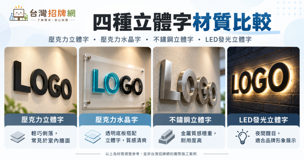 四種立體字招牌材質比較，包含壓克力立體字、壓克力水晶字、不鏽鋼立體字及LED發光立體字