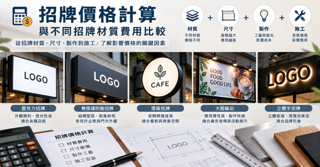 招牌價格計算與材質費用比較，包含壓克力招牌、無接縫防颱招牌、燈箱招牌、大圖輸出及立體字招牌 複製