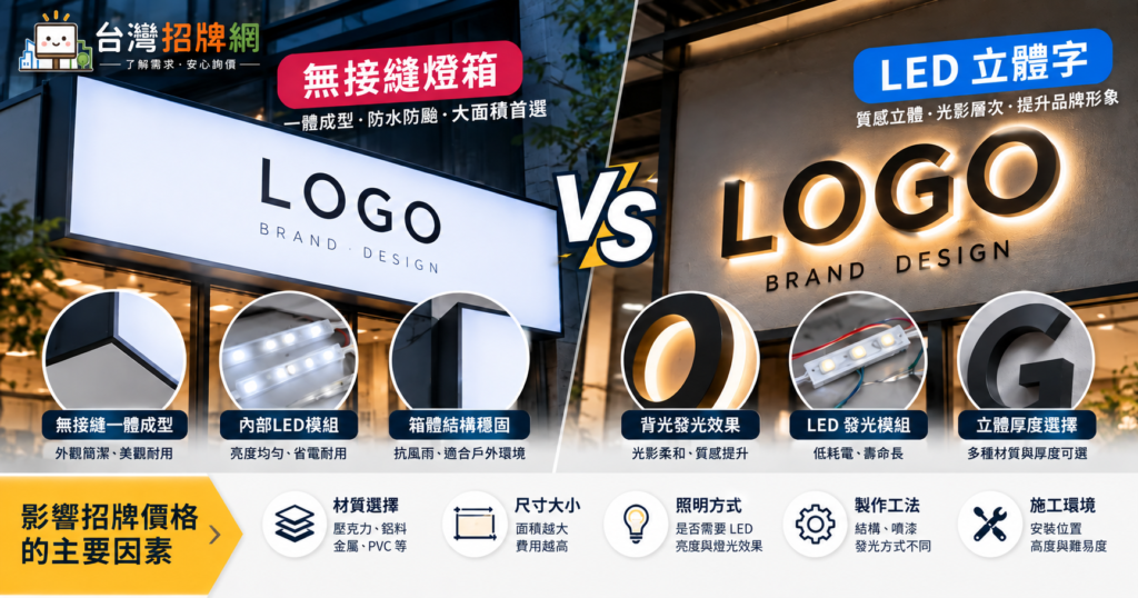 無接縫招牌價格與LED發光招牌製作方式比較示意圖