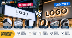 無接縫招牌價格與LED發光招牌製作方式比較示意圖